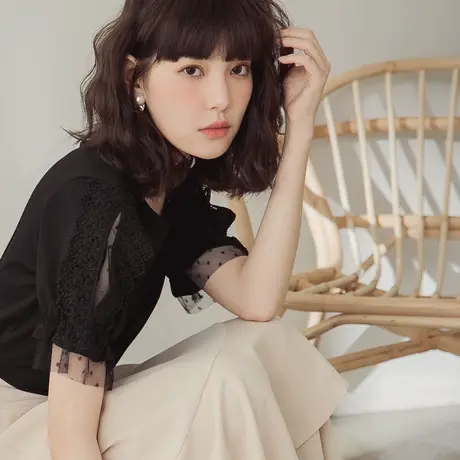 桔熊夏季小性感不易皱网纱拼接蕾丝花边灯笼袖上衣女大码AB10457图片