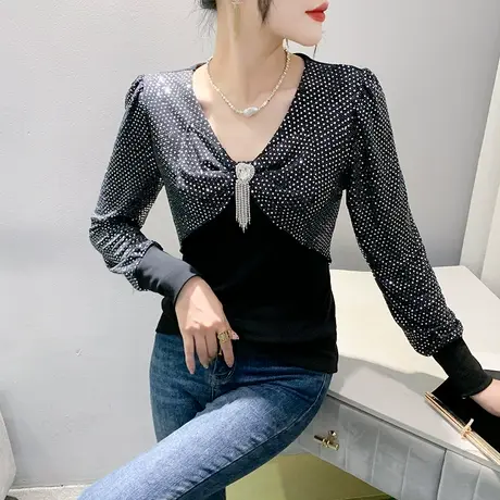 性感流苏褶皱拼接上衣复古亮片百搭V领T恤女长袖气质减龄修身小衫图片