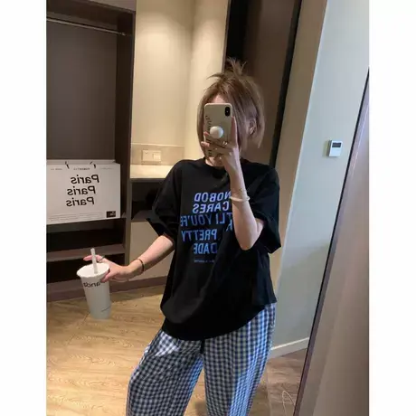 黑色字母印花短袖T恤女装夏季设计感小众大版宽松显瘦中长款上衣商品大图