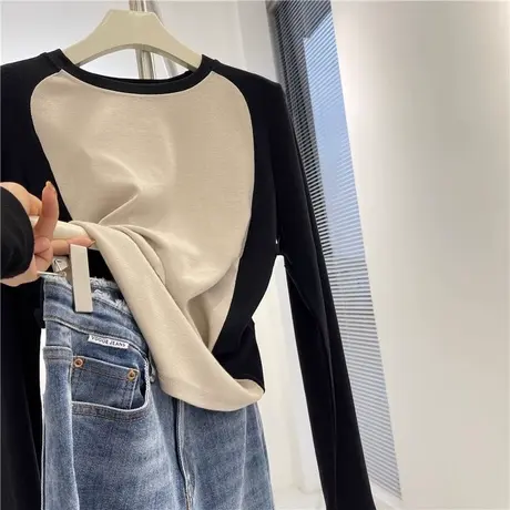 拼接撞色内搭打底衫女春秋韩版修身显瘦洋气减龄插肩长袖T恤上衣图片