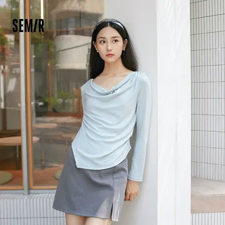 森马长袖T恤女短款不规则设计感修身显瘦2025新款秋荡领薄款上衣商品大图