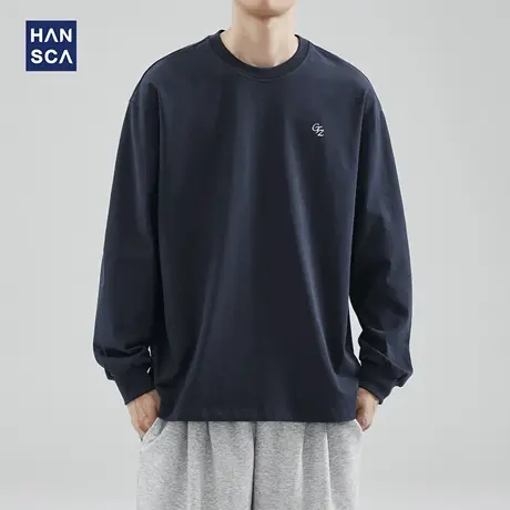 hansca 重磅305g纯棉长袖t恤男士秋季潮牌刺绣宽松圆领百搭打底衫商品大图