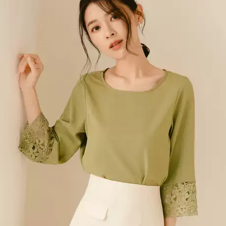 桔熊春秋季法式浪漫雪纺衫修身蕾丝拼接七分袖上衣女大码AB17562商品大图