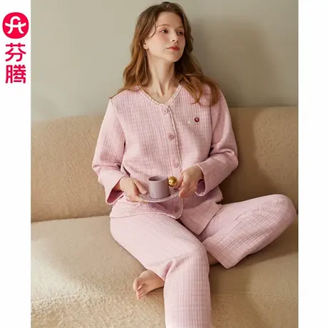 芬腾秋冬季睡衣女空气棉夹层纯棉长袖女士大码休闲格子家居服套装商品大图
