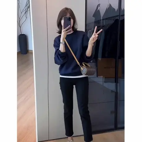 韩版藏蓝色圆领重磅卫衣女秋冬新款甜酷高级感小个子短款宽松上衣商品大图