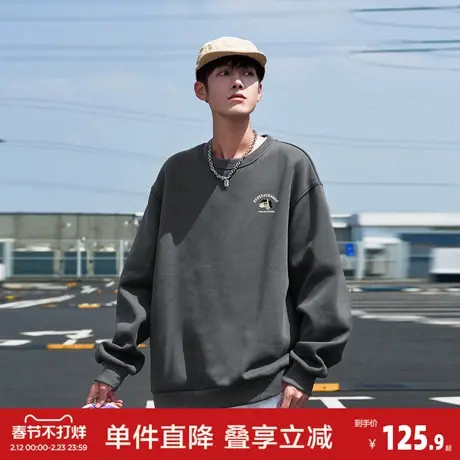唐狮2026春季新款男左胸图案圆领卫衣灰色宽松型套头青年休闲风商品大图