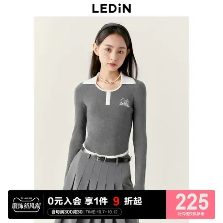 乐町POLO针织小衫23年秋冬小熊绣标少女感弧形下摆短款针织上衣图片