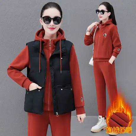加绒加厚休闲运动服套装女秋冬款时尚连帽卫衣马甲运动裤三件套潮商品大图