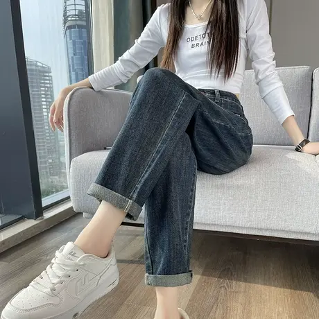 牛仔裤女2023年新款春秋高腰显瘦直筒宽松弹力九分小个子哈伦裤潮商品大图