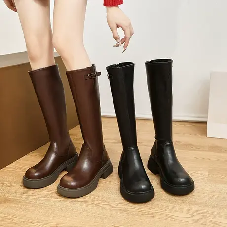 长筒靴女2023年春秋季新款小个子法式复古显瘦靴子粗跟厚底骑士靴图片