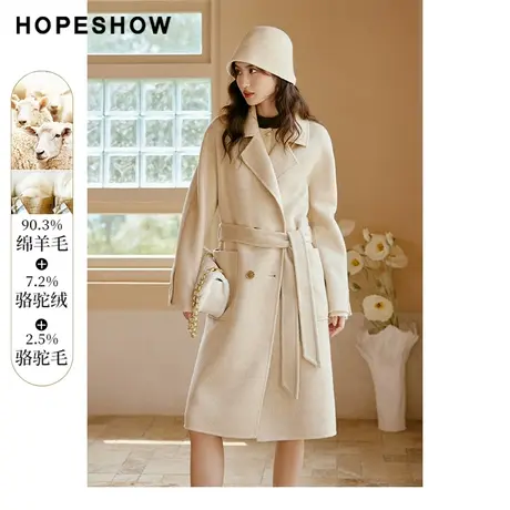 【直播专享】冬季系带双排扣翻驳领双面呢大衣90122370802红袖商品大图