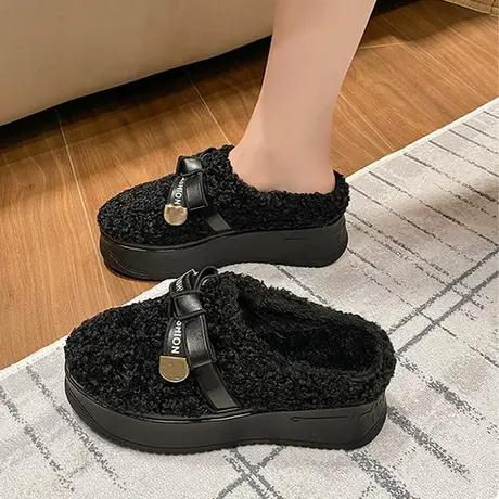 毛毛厚底拖鞋女外穿2023新款秋冬季羊羔毛绒坡跟高跟包头半拖鞋潮商品大图