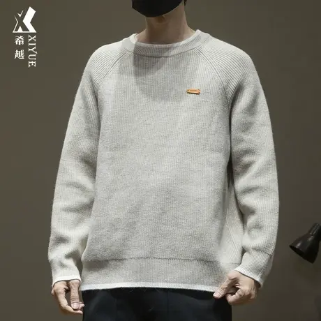 希越假两件撞色圆领毛衣男宽松大码韩系浅色慵懒风套头针织衫秋冬图片