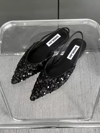 欧洲站包头凉鞋女一字带仙女风2023年新款尖头平底手工亮片凉拖鞋商品大图