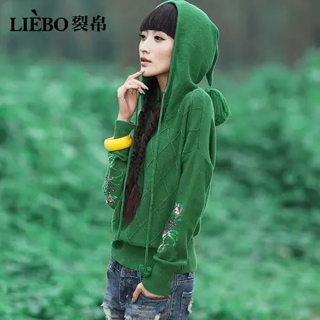 【预】裂帛原创设计刺绣软糯连帽立体压褶菱形格宽松毛衣针织上衣图片