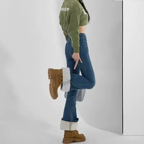 加绒加厚复古微喇牛仔裤女2023新款秋冬季高腰宽松加长保暖喇叭裤商品大图