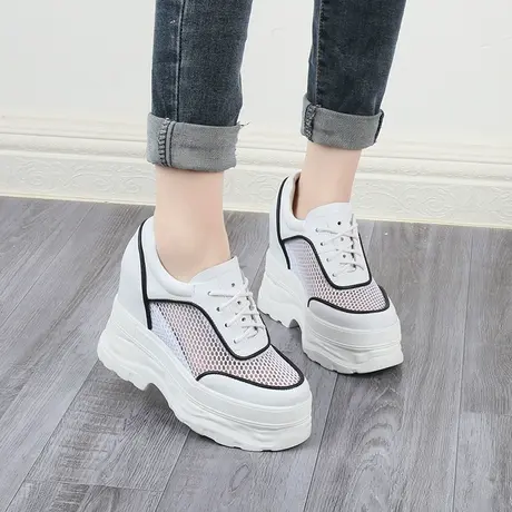 真皮内增高小白鞋女10CM小个子运动休闲鞋溶解透气网面高跟单鞋商品大图