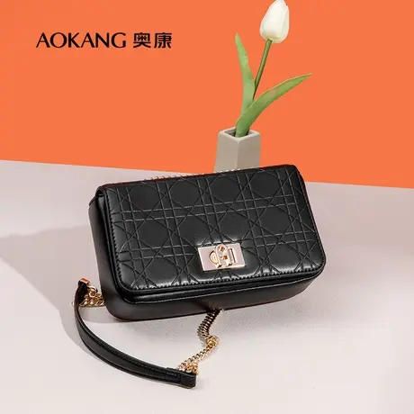奥康女士包包2023新款时尚经典黑色菱格线小方包休闲百搭链条包包商品大图