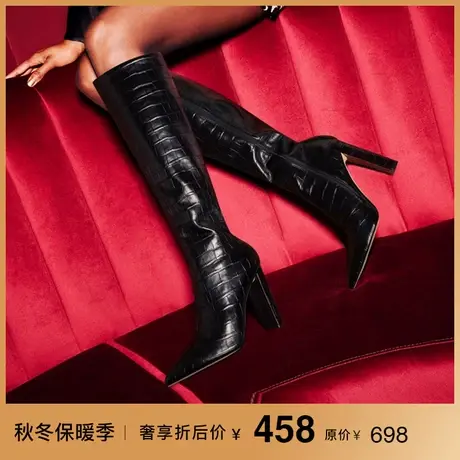 熙漫2023秋冬新款粗跟长靴黑色百搭超高跟不过膝靴子尖头欧美女靴图片