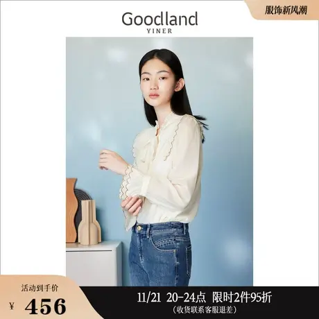 Goodland美地女装2023春季木耳花边喇叭袖飘带设计衬衫上衣商品大图