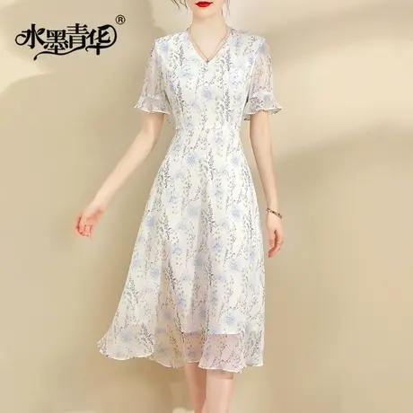 水墨青华2024夏季新款百搭显瘦荷叶边裙时尚印花短袖雪纺绉连衣裙图片