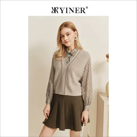 YINER音儿专柜女装2022秋季新款无袖羊毛马甲上衣v领宽松针织衫商品大图