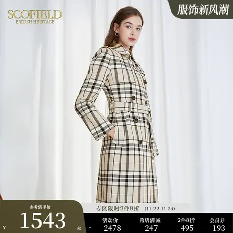 Scofield女装秋季新品通勤英伦格纹腰带收腰双排扣中长款风衣外套图片
