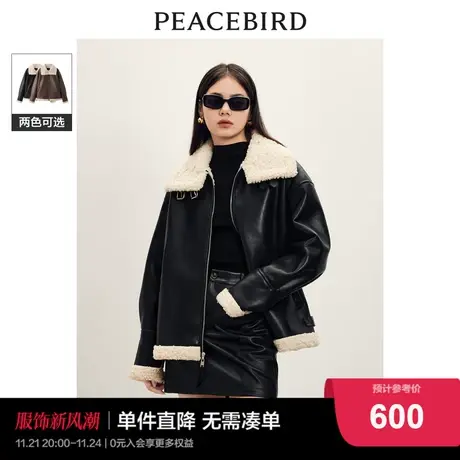 Y太平鸟机车服外套加绒2023冬装新款PU皮仿皮毛夹克美拉德外套图片