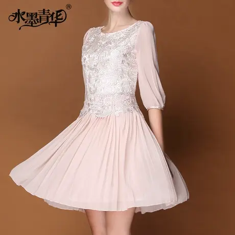 【1件7.9折】时尚修身大摆刺绣蕾丝中袖褶皱雪纺连衣裙图片