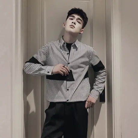 秋季男长袖衬衫韩版修身潮流休闲条纹帅气ins发型师痞帅拼色衬衣商品大图