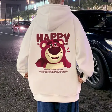美式草莓熊印花重磅卫衣男2024新款oversize春秋季情侣外套连帽衫商品大图
