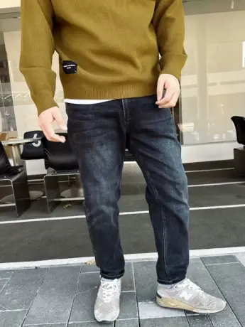 大依无忧冬新款磨毛厚料黑蓝弹力潮胖子小脚加肥加大码男士牛仔裤商品大图