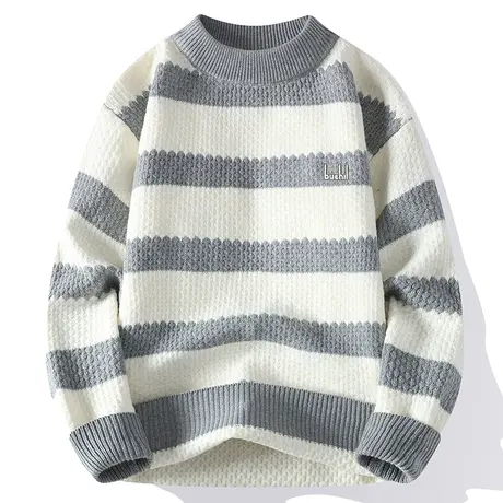 男士毛衣冬季新款半高领软糯针织衫男潮牌条纹打底衫加厚保暖线衣商品大图