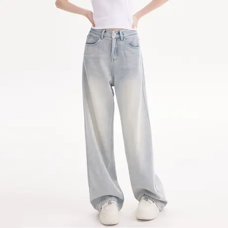 尔给裤子高街美式潮牌浅色高腰直筒牛仔裤2023年新款女小个子长裤商品大图