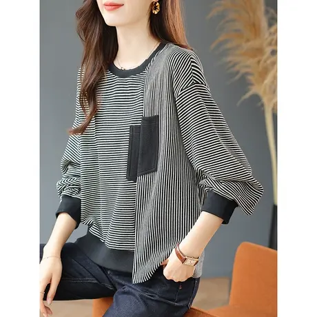 宝诗黎圆领条纹拼接针织卫衣女落肩长袖宽松T恤上衣2023春秋新款图片