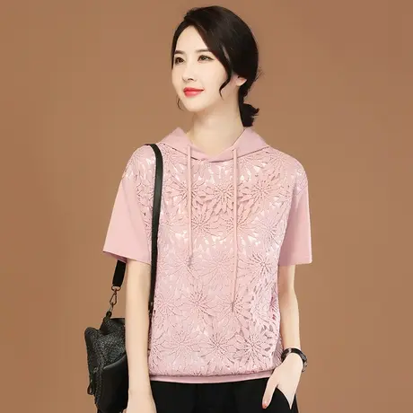 韩潮袭人连帽短袖雪纺蕾丝衫女2023夏百搭显瘦拼接T恤上衣薄图片