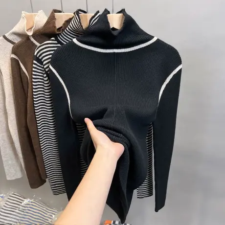 高领毛衣女内搭打底衫2023秋冬新款套头堆堆领针织衫条纹洋气上衣商品大图