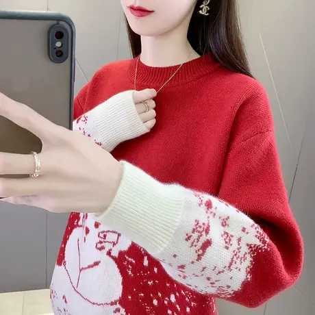 本命年红色毛衣女加厚打底衫2023年新款针织衫宽松百搭女上衣秋冬商品大图