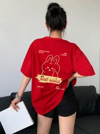 2024年新款过年红色女装时尚t恤兔年本命年红色宽松情侣短袖体恤商品大图