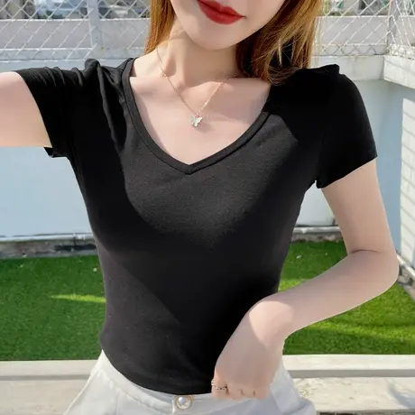 莫代尔v领修身短袖t恤女正肩显瘦黑色上衣体恤百搭性感新款打底衫商品大图