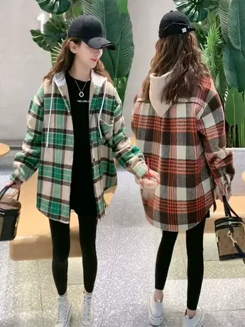 爆款加绒磨毛格子衬衫上衣女2023秋冬新款韩版宽松加厚衬衣外套潮图片