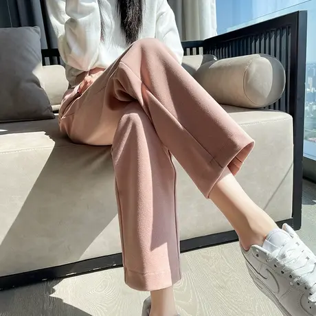 粉色毛呢裤子女秋冬小个子高腰休闲直筒宽松阔腿西装裤九分烟管裤图片