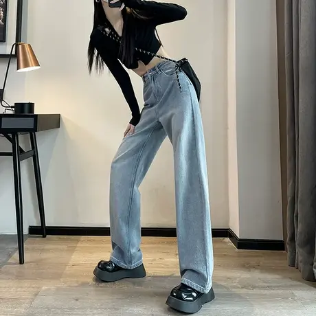 阔腿牛仔裤女春秋2023年新款高腰复古垂感小个子显瘦浅色直筒长裤商品大图