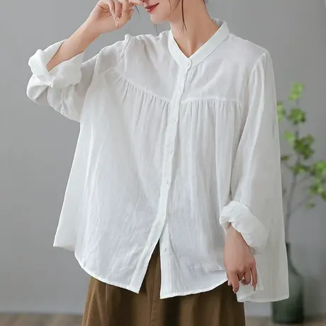 dza 复古纯棉白色长袖衬衫女士休闲显瘦上衣春秋内搭短款宽松衬衣图片