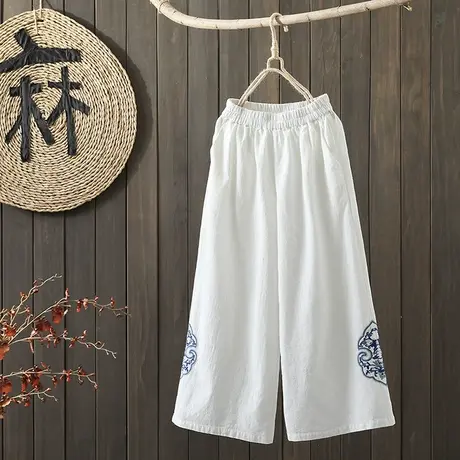 枫谜2021年夏季新款文艺复古刺绣棉麻休闲裤女宽松薄款阔腿裤图片