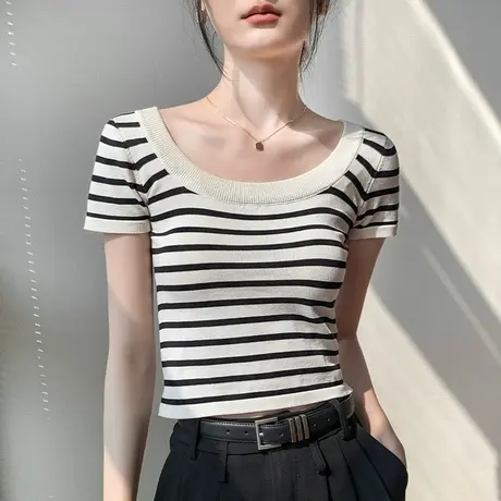 大圆领条纹针织短袖T恤女夏季修身短款露脐小个子别致正肩上衣薄图片