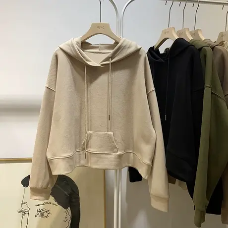 个性时髦设计感双袋鼠兜连帽塌肩长袖套头卫衣女短款帽衫上衣宽松图片