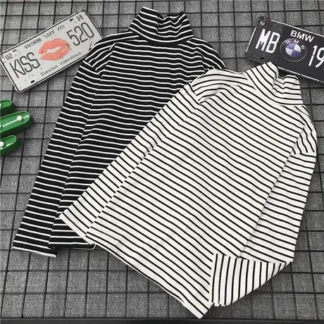2023春季新款长袖打底衫加绒韩版宽松T恤百搭半高领黑白条纹上衣图片