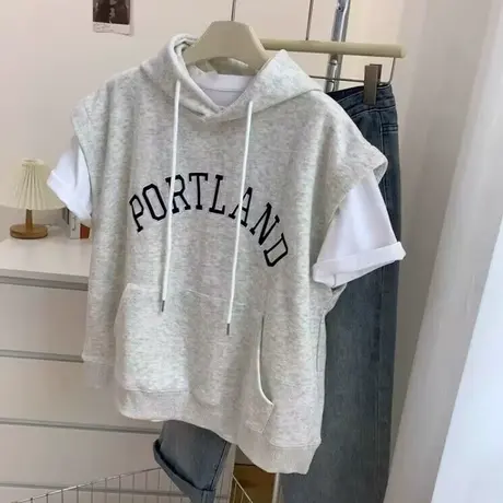 美式高街ins潮无袖连帽卫衣女春秋宽松百搭薄款字母刺绣马甲上衣商品大图