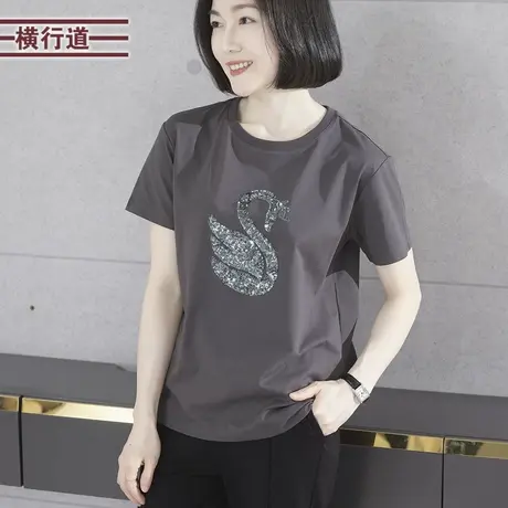 2025新款夏季纯色圆领珠绣宽松短袖女装大码中年妈妈T恤绣花上衣商品大图